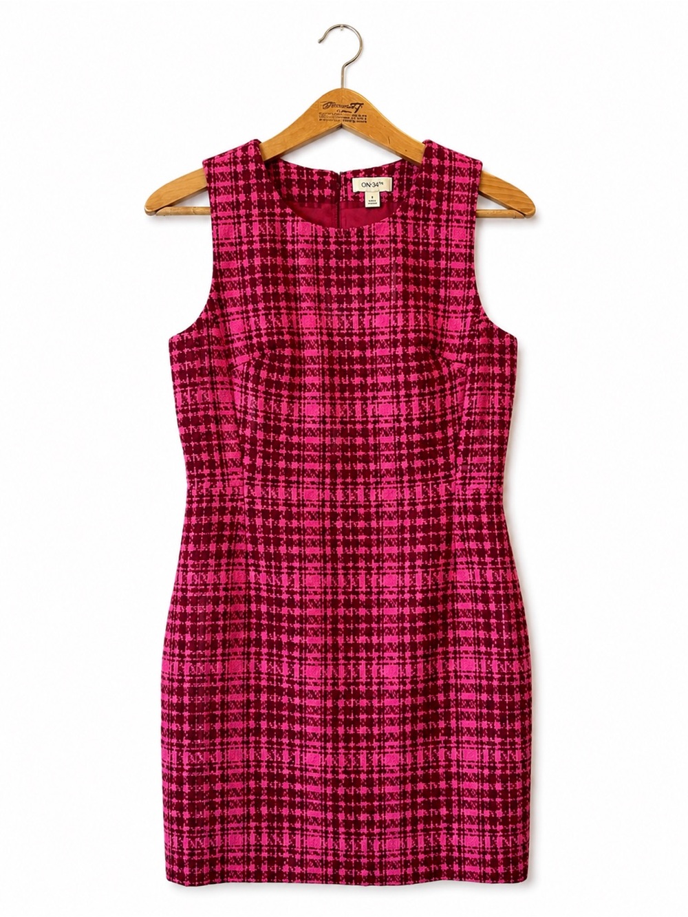 ON 34th Plaid Midi Dress Sheath Size 8 Pink Business Casual Office Academia Bold